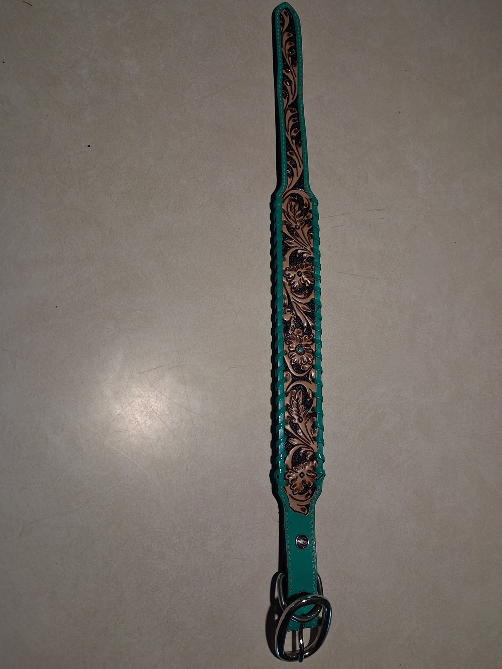 Myra Turquoise and Brown Tooled Leather Dog Collar MEDIUM with Silver Hardware
